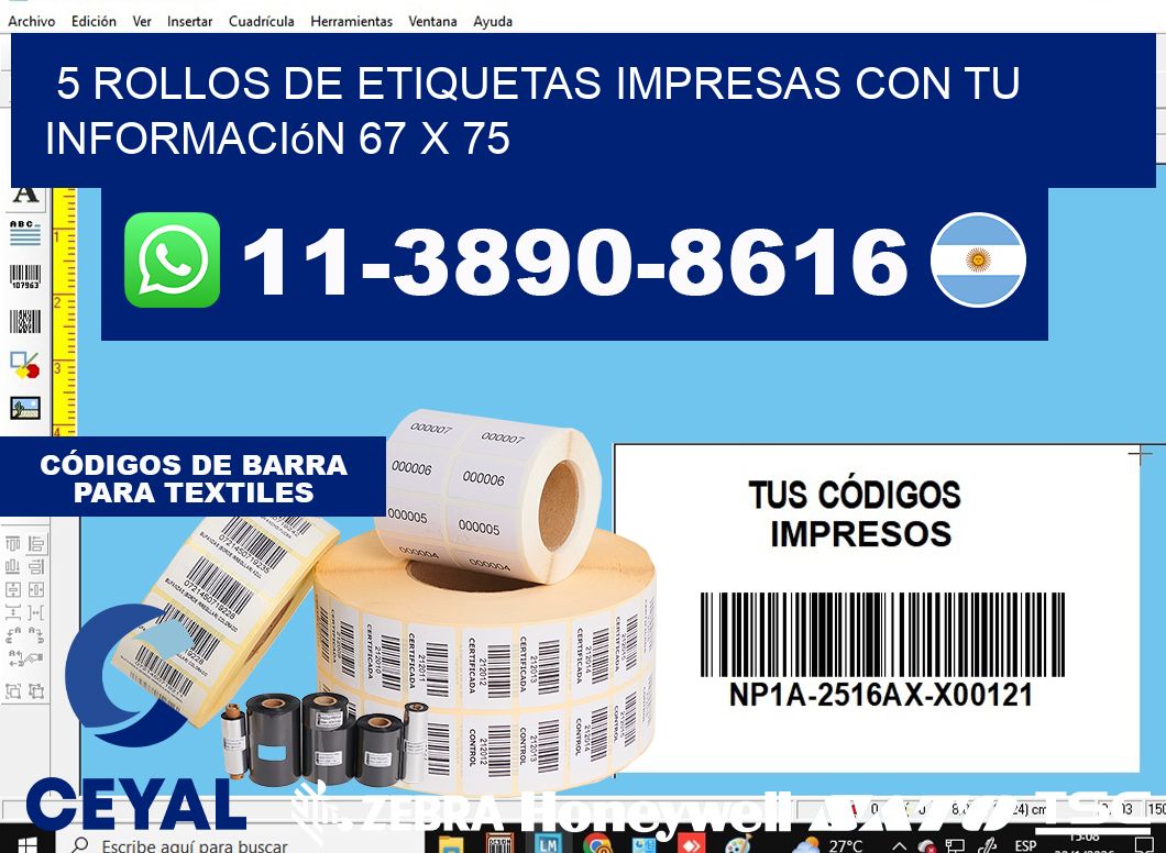 5 rollos de etiquetas impresas con tu información 67 x 75