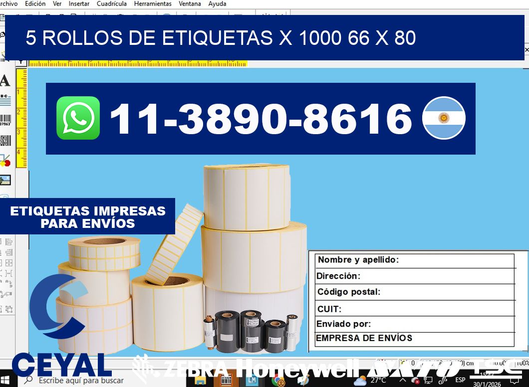 5 rollos de etiquetas x 1000 66 x 80
