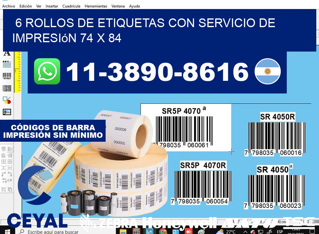 6 rollos de etiquetas con servicio de impresión 74 x 84