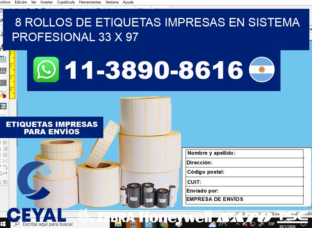 8 rollos de etiquetas impresas en sistema profesional 33 x 97