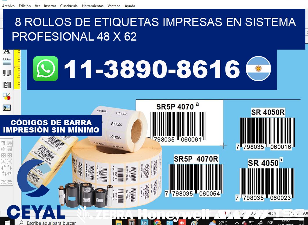 8 rollos de etiquetas impresas en sistema profesional 48 x 62