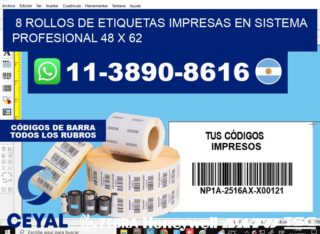 8 rollos de etiquetas impresas en sistema profesional 48 x 62