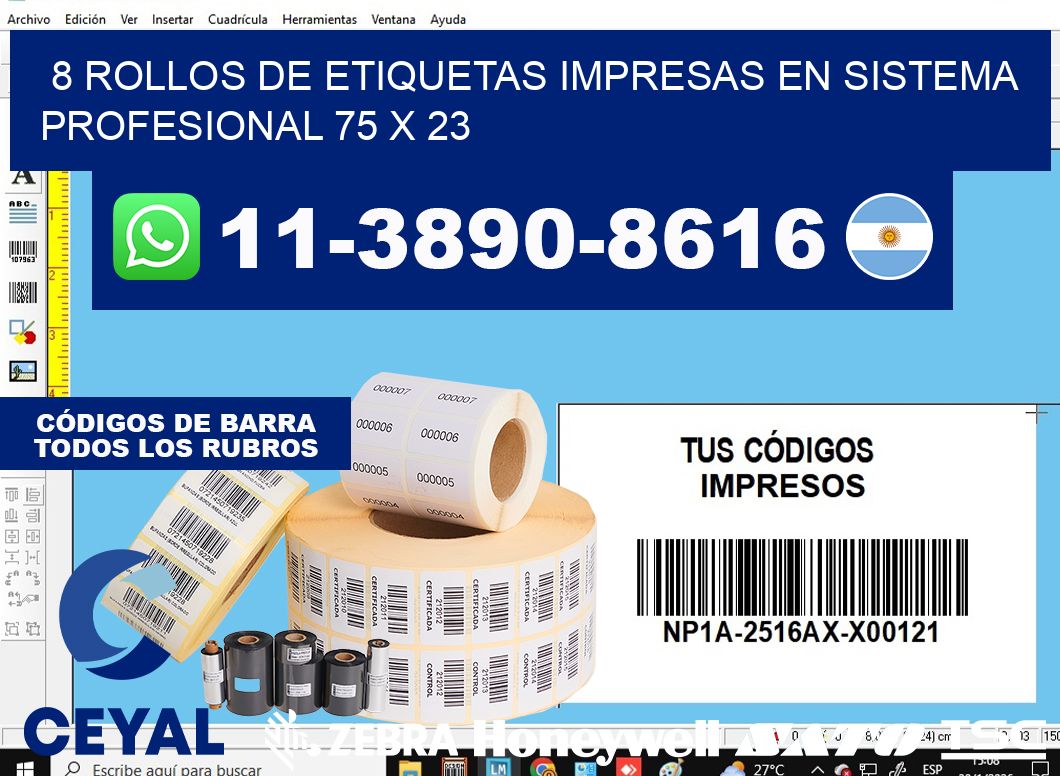 8 rollos de etiquetas impresas en sistema profesional 75 x 23