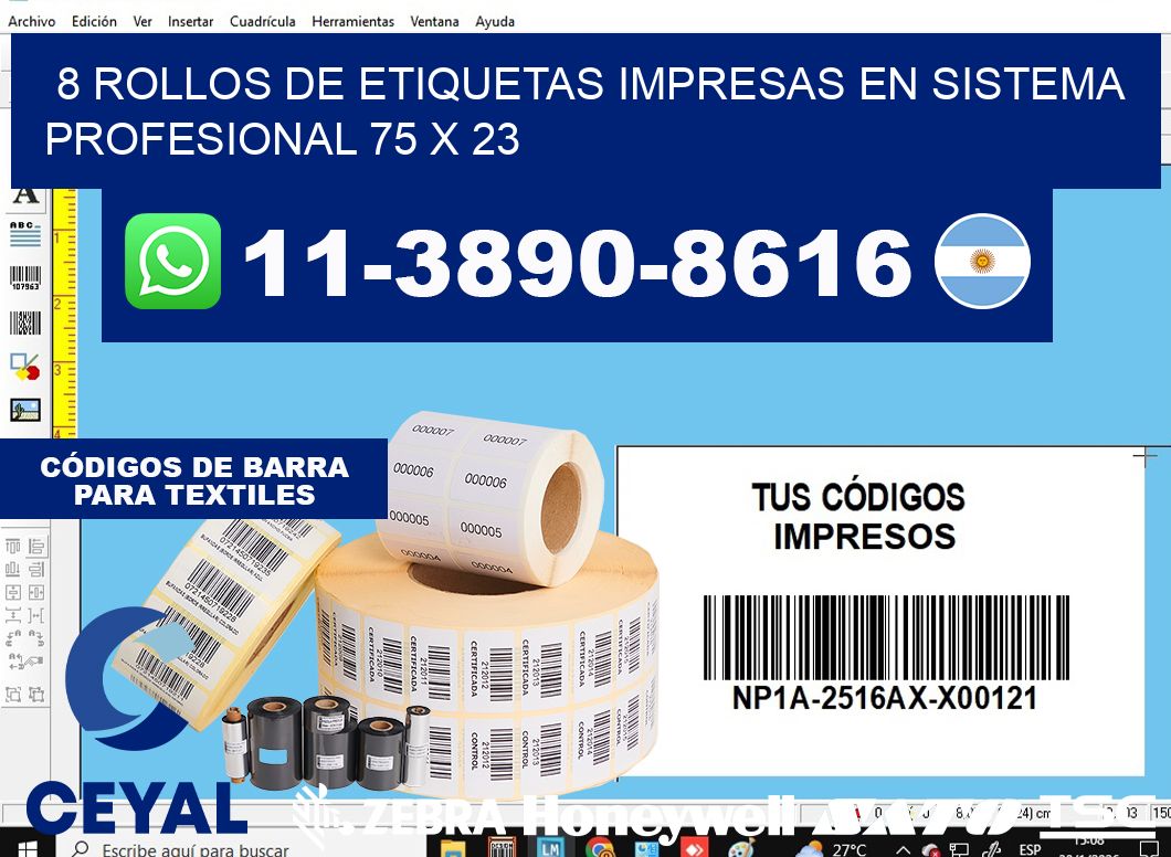 8 rollos de etiquetas impresas en sistema profesional 75 x 23