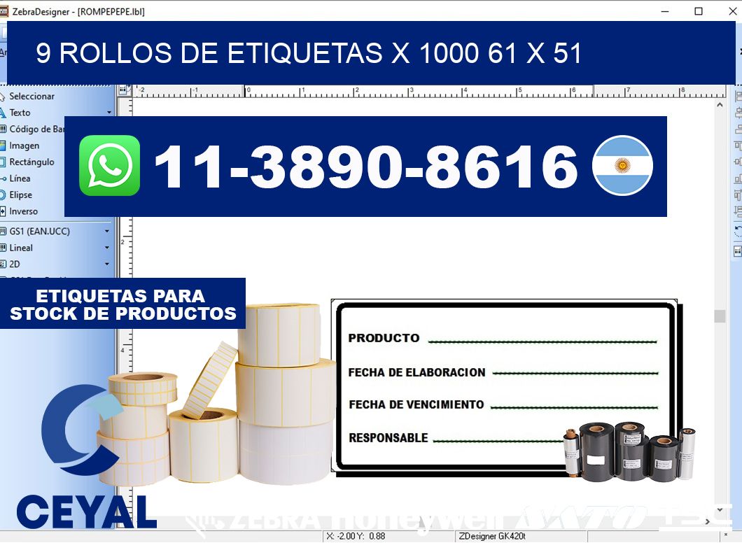 9 rollos de etiquetas x 1000 61 x 51